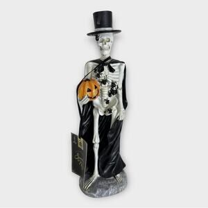 Spooky Night Halloween Skeleton Figurine Jack-o'-lantern Pumpkin and Cape 12"